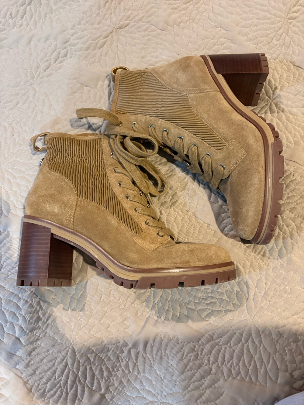 Vince Camuto Donna Heeled Hiker Booties in the color Sandy Brown. 
Size 8